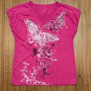 Y2K Pink Butterfly Graphic Tee Studded Shoulder Top Women’s Medium